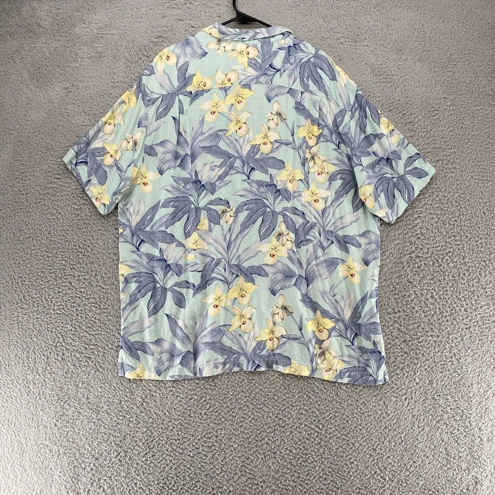 Tommy Bahama Camp Shirt Mens XL Blue Silk Hawaiian Orchid Short Sleeve Aloha